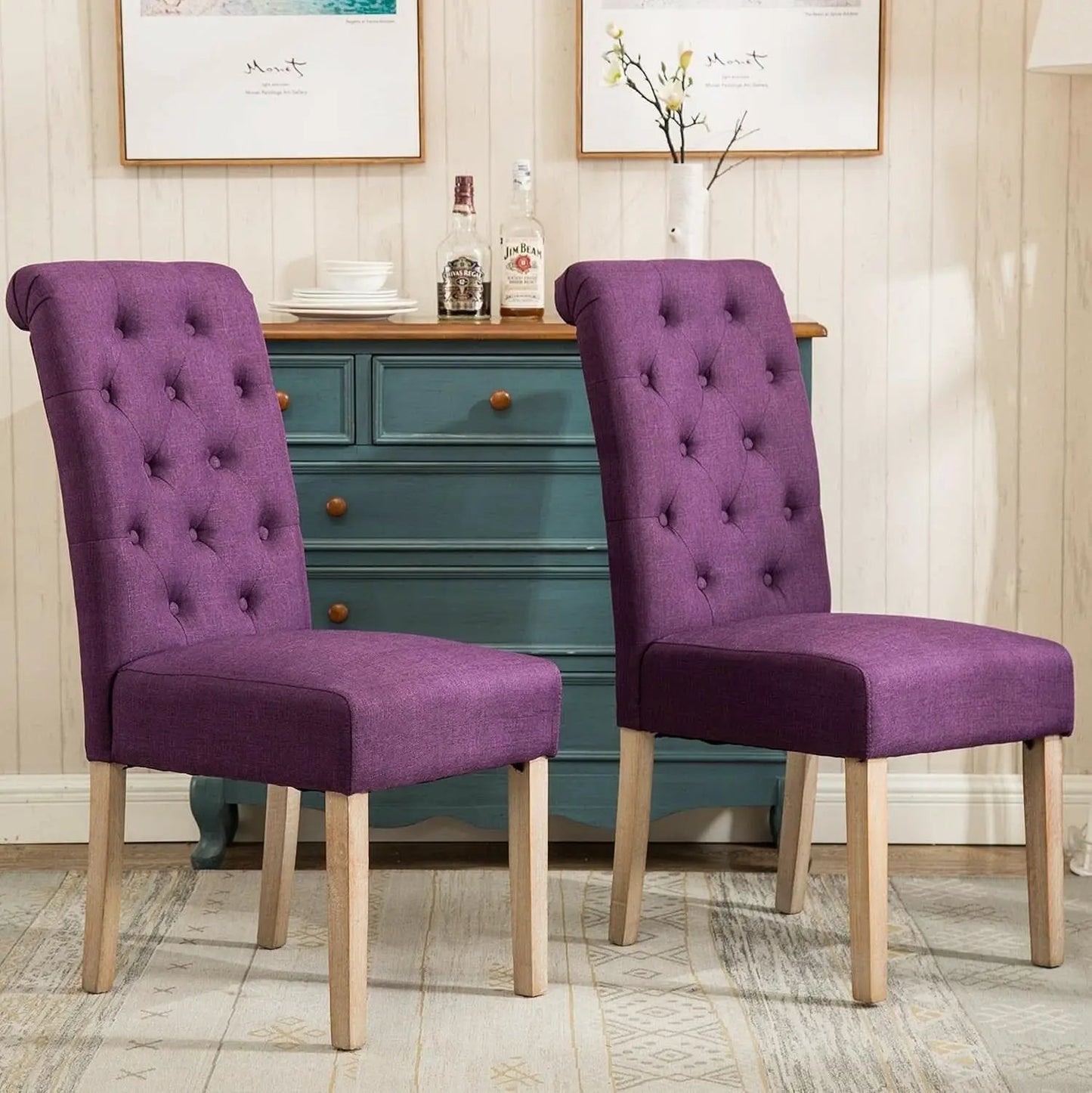 Solid Wood Purple Tufted Parsons Dining Chair Set of 2 from PriceLows™