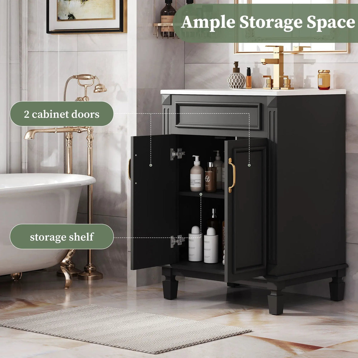 24 Inch Bathroom Vanity With Top Sink | Rubberwood Frame | 2 Soft Closing Doors | Glossy Ceramic Basin