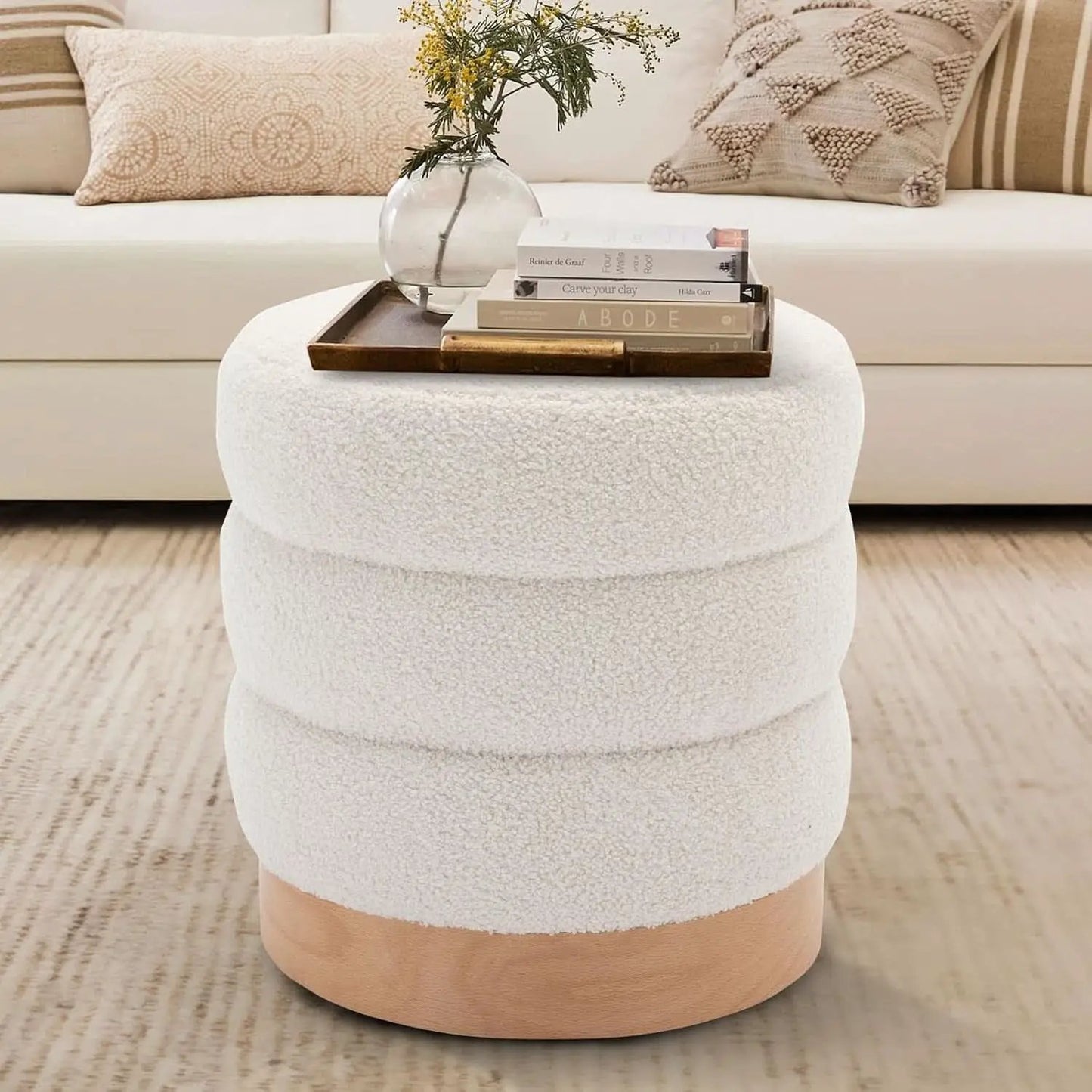Cream Tufted Sherpa Ottoman Footstool Round Cushion from PriceLows™