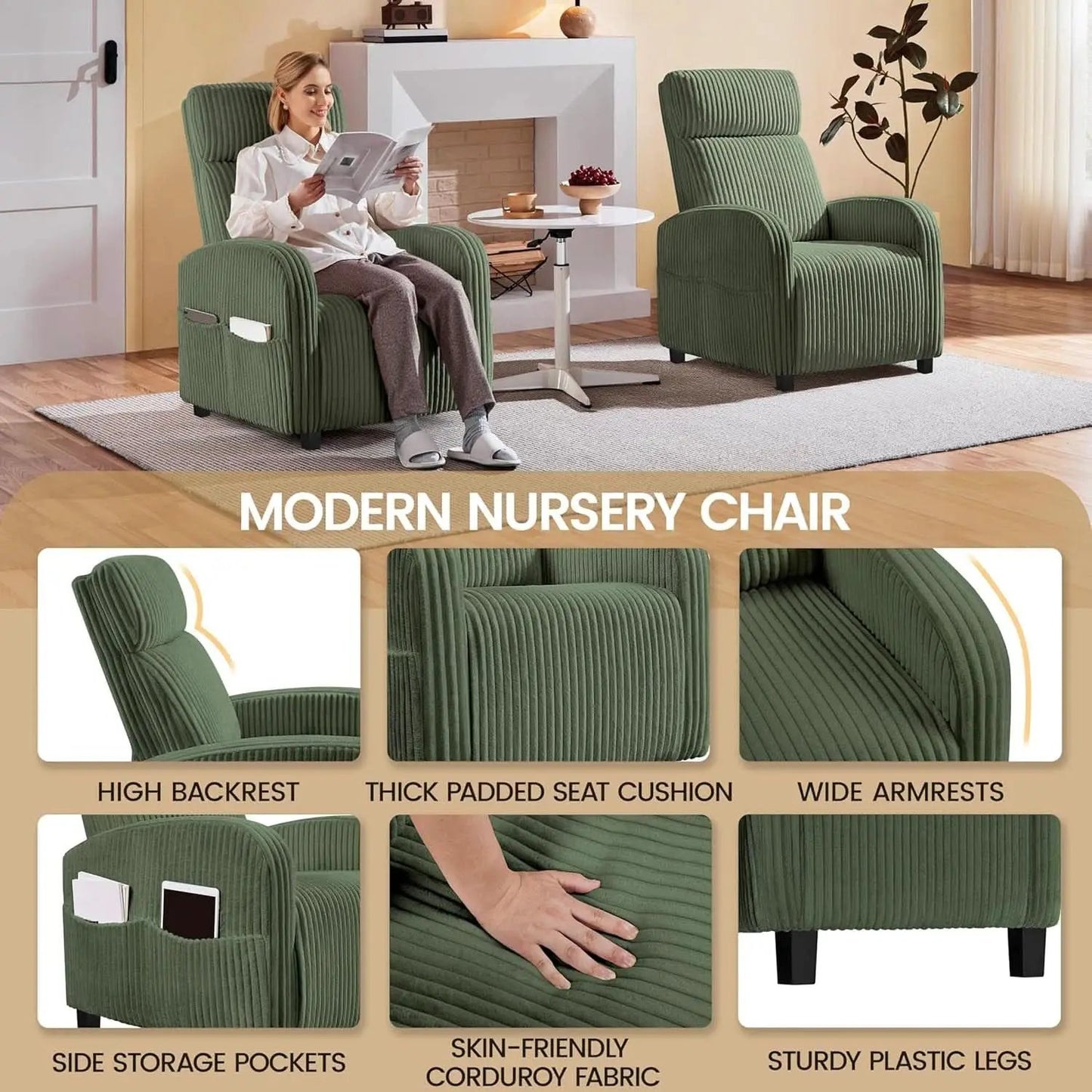 Corduroy Dark Green High-Back Armchair With Pockets from PriceLows™