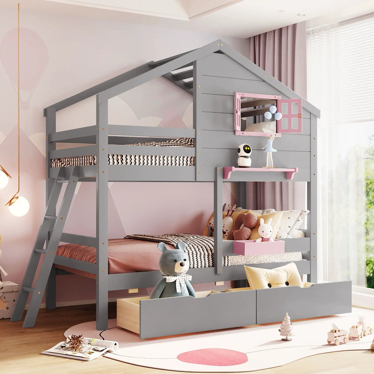 Bunk Bed | Pitched Playhouse Roof | Integrated Storage Drawers