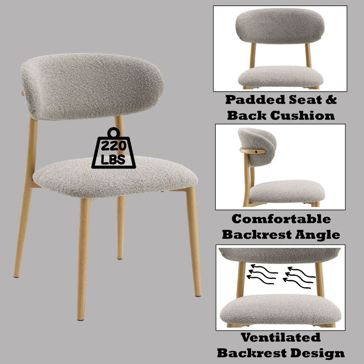 Kacey Boucle Side Chair (Set of 2) | 22 x 20 x 32 in | Boucle & Fabric | Gray