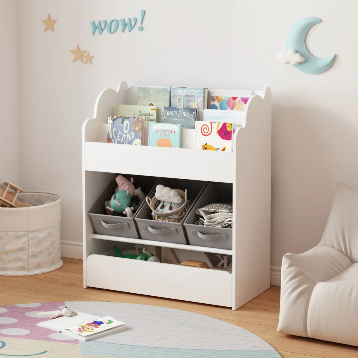 Toddler Bookshelf | 3 Fabric Bins | Bottom Drawer | White
