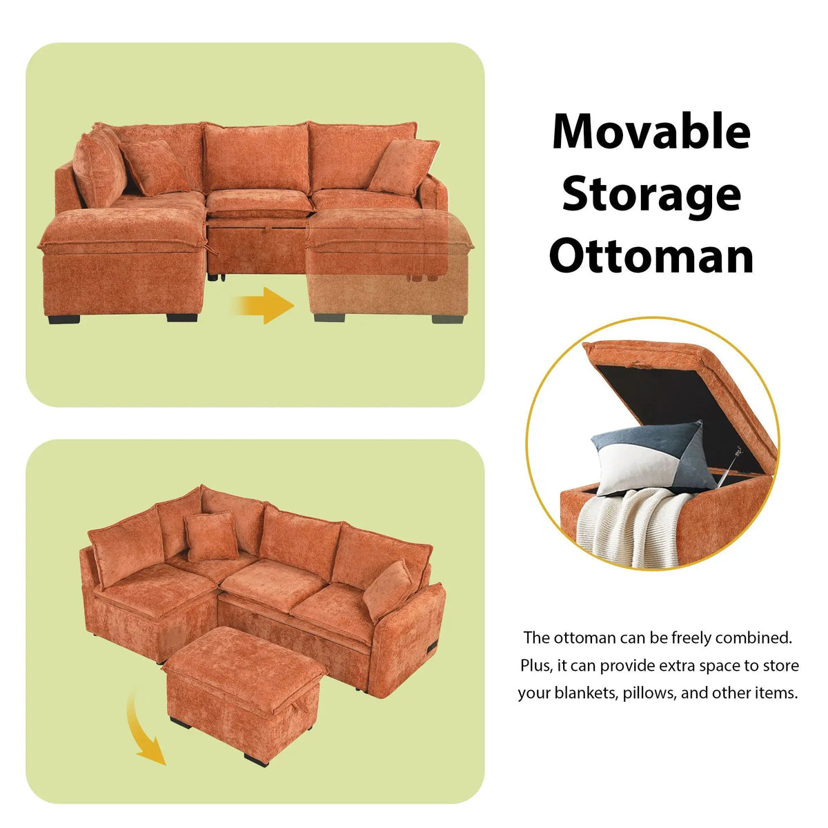 Convertible Sofa Bed | L Shaped Sectional | Storage Ottoman | Two USB Ports
