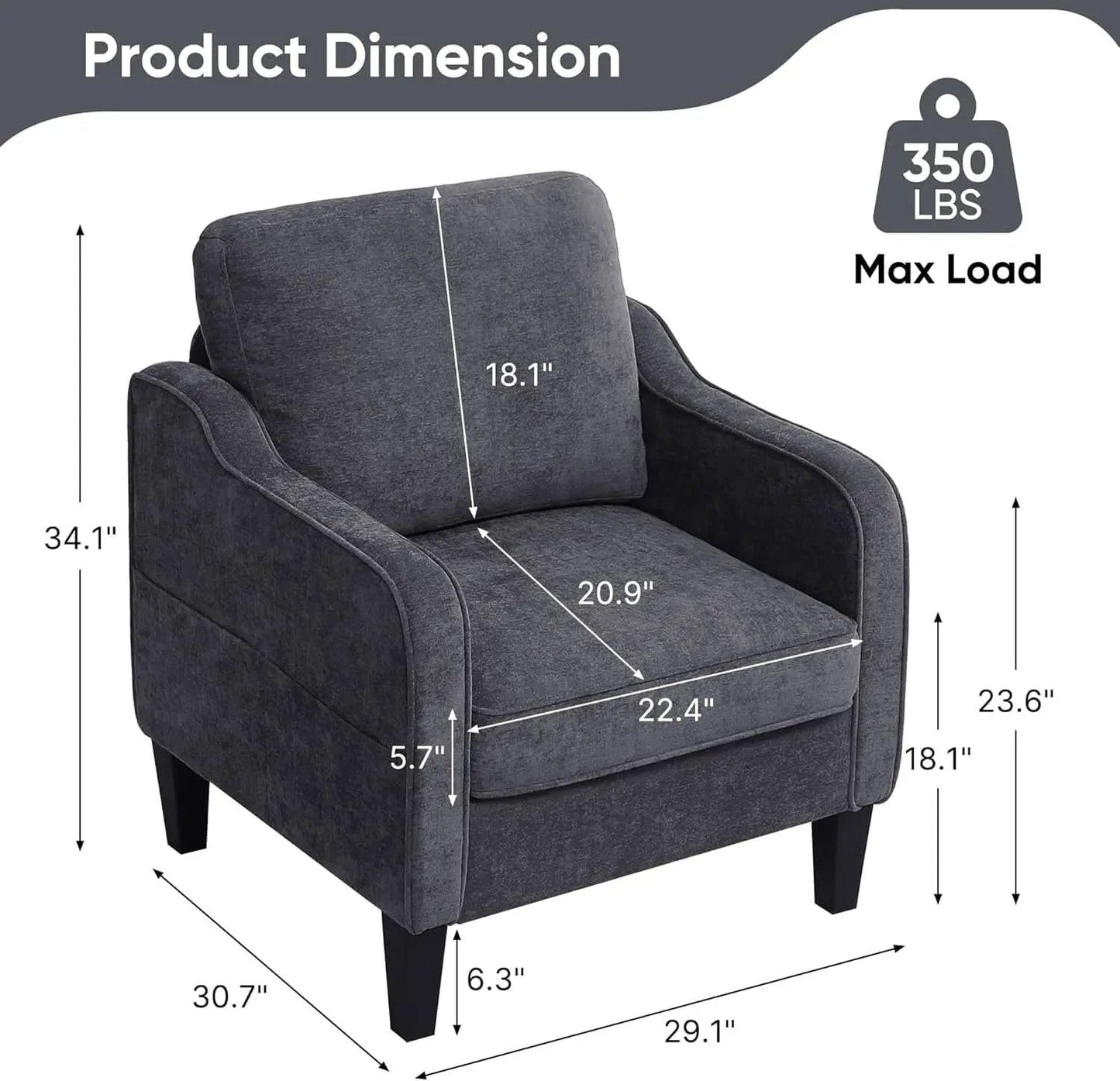 Dark Grey Mid Century Modern Accent Chair For Living Room