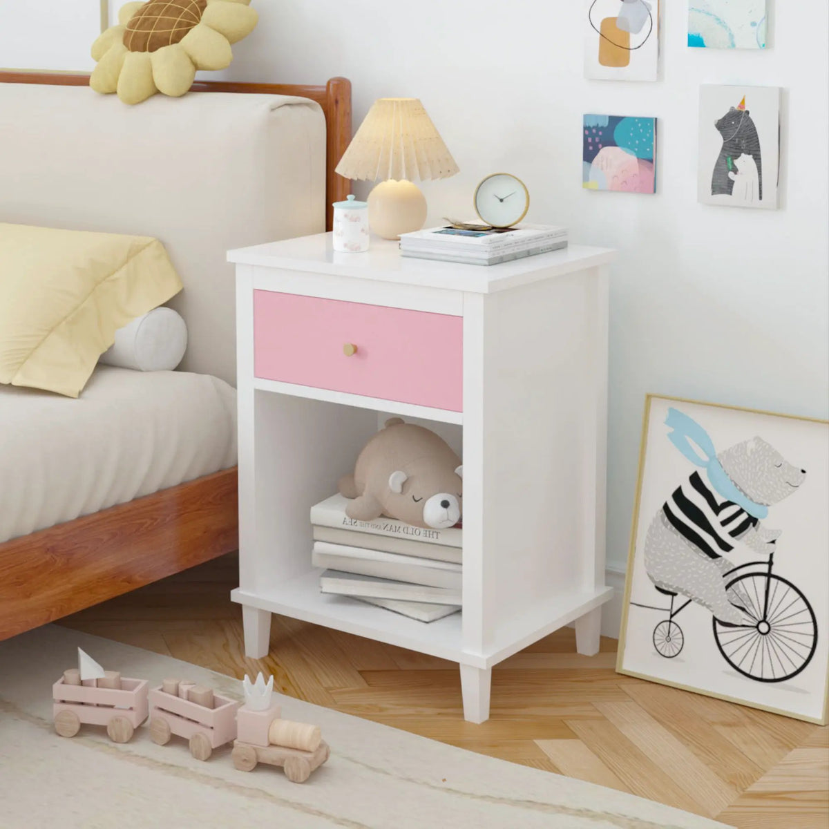 Nightstand With 1 Drawer And 1 Shelf | Aluminum Handles | Tip-Over Restraint | Child-Safe Design