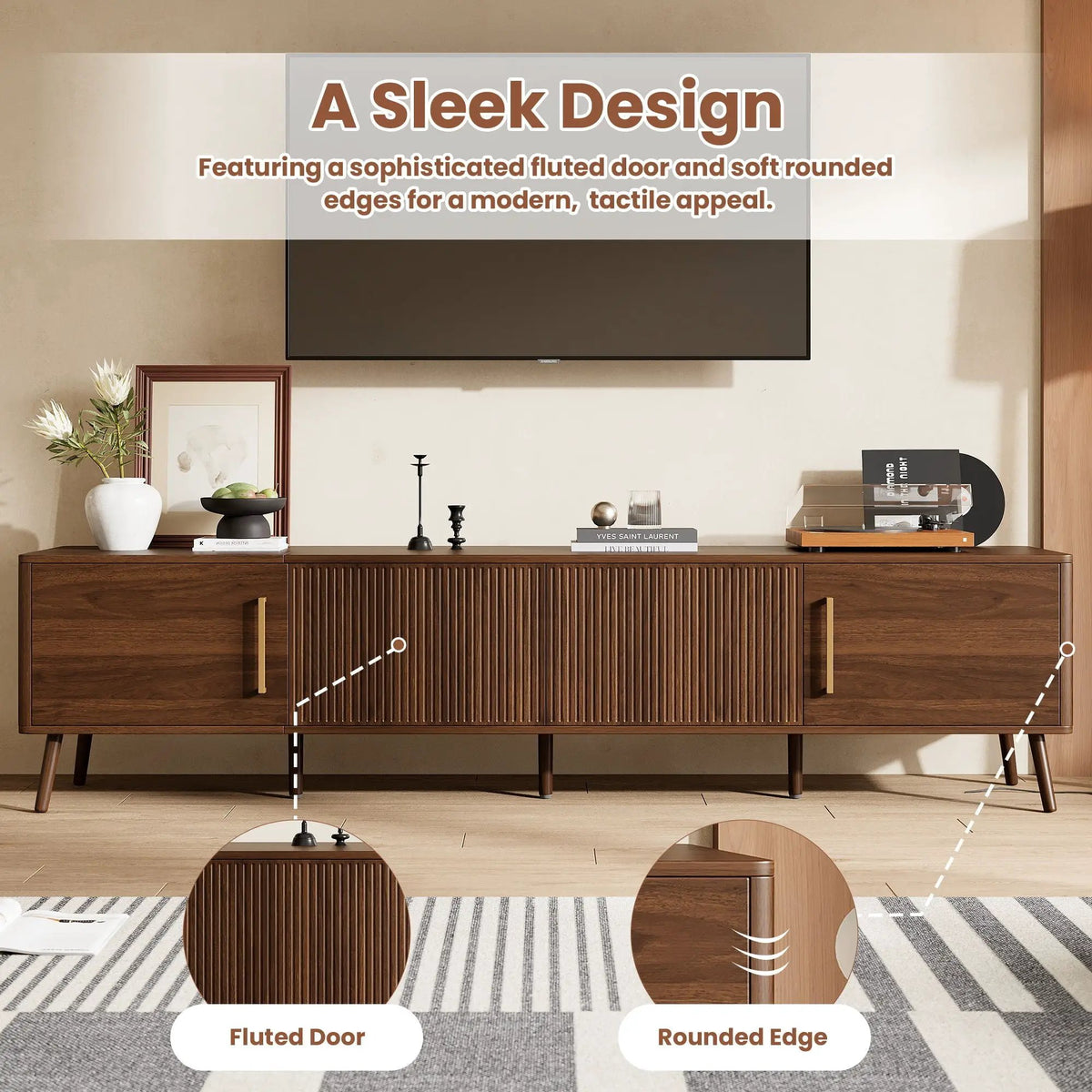 TV Stand | Fluted Door | Cable Management | Soft Close Hinges | Walnut