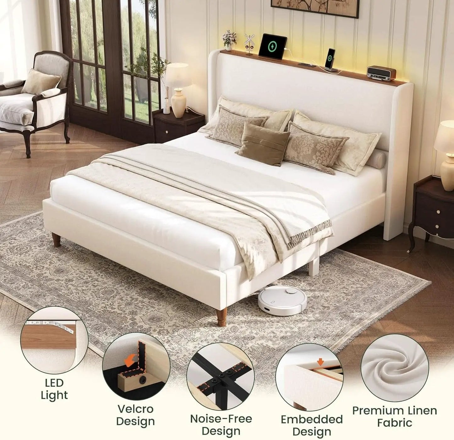 Queen Size Upholstered Bed Frame With LED Lights And USB from PriceLows™