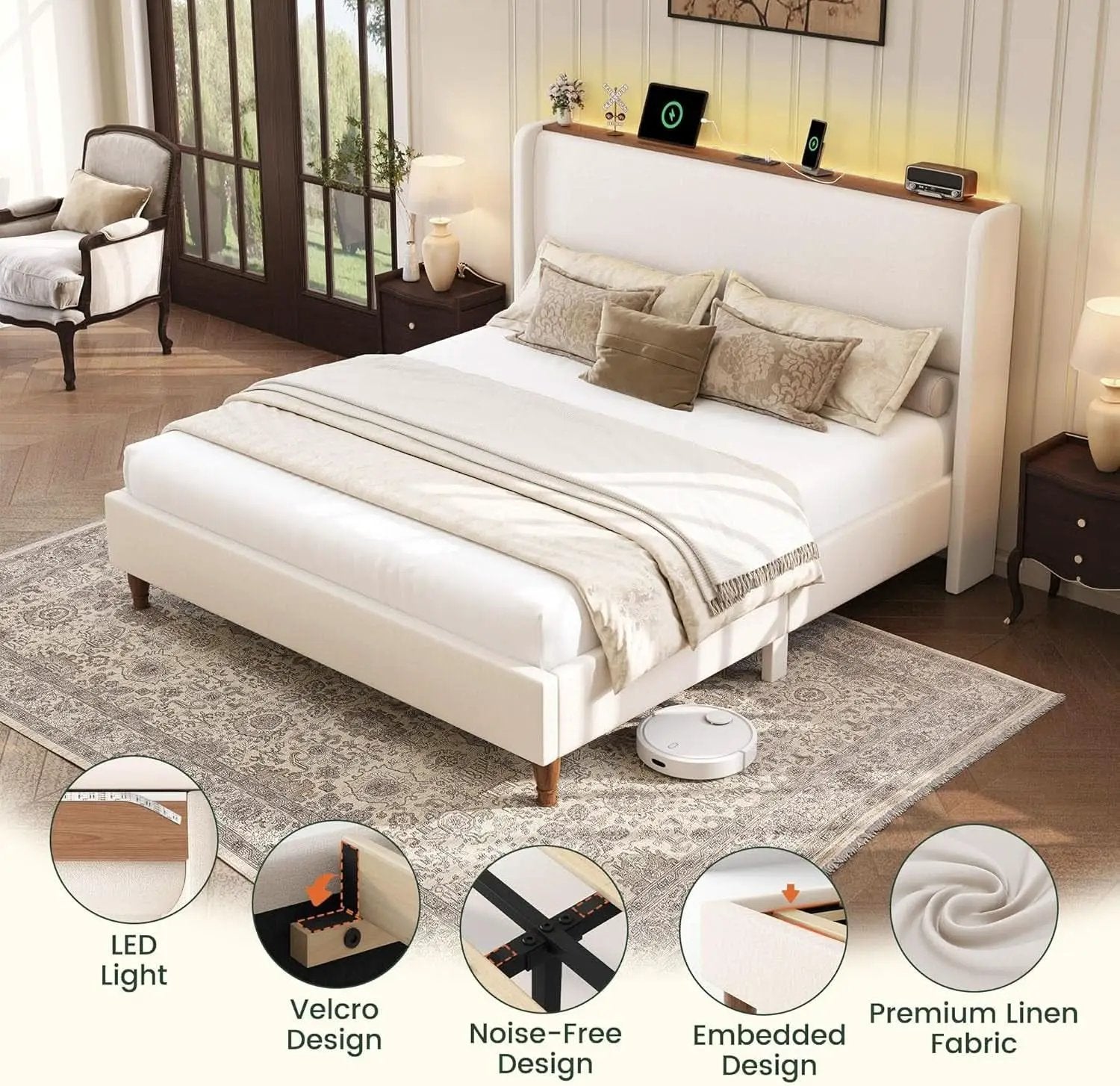 Queen Size Upholstered Bed Frame With LED Lights And USB from PriceLows™