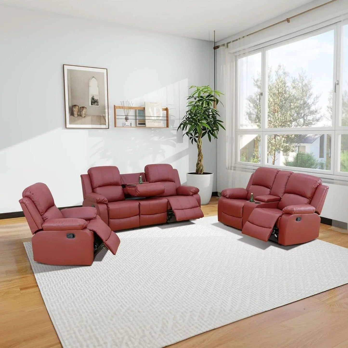 Leather Recliner Sofa Set 3 Piece For Living Room Red from PriceLows™