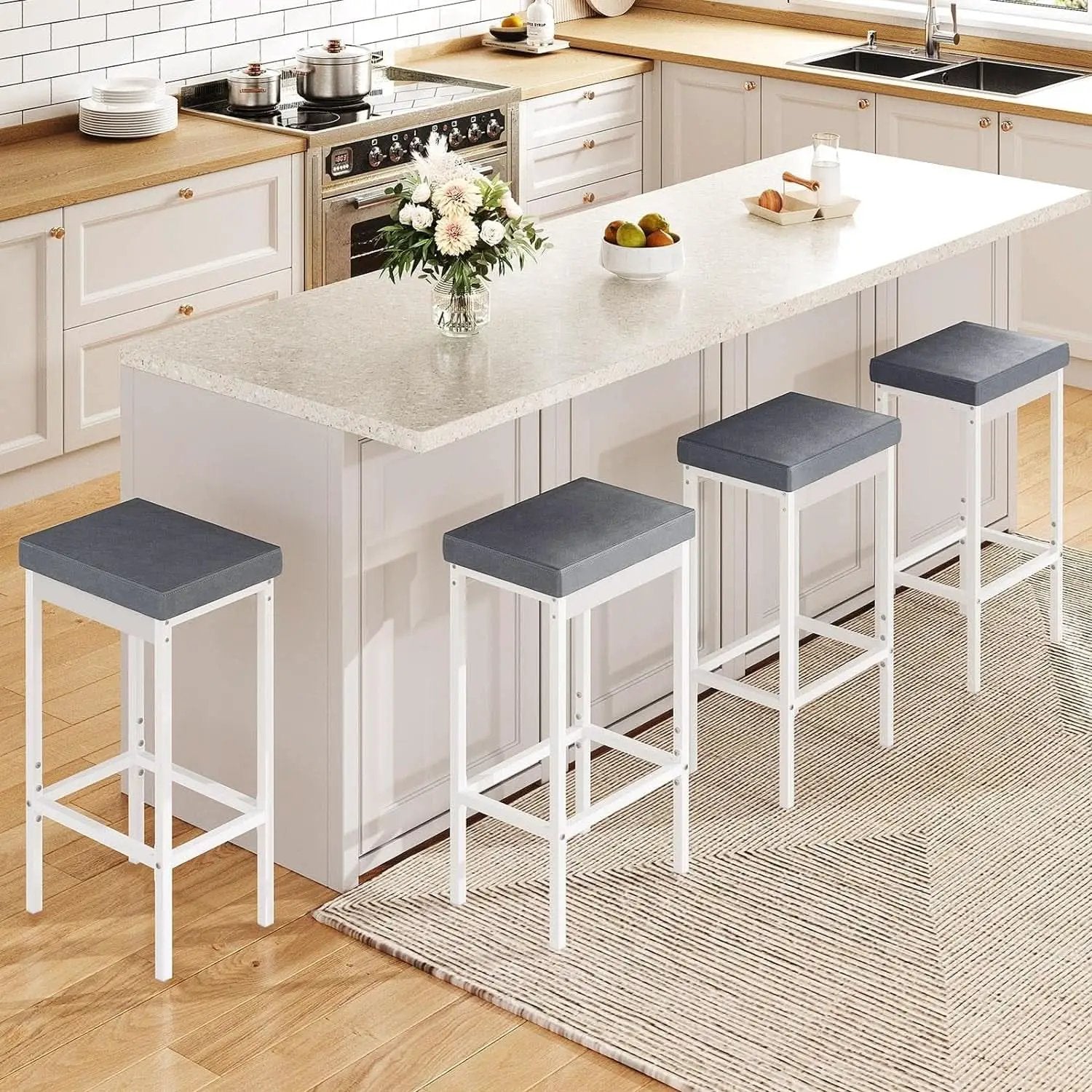 Bar Stools Set Of 2 24.8 Inch Upholstered White Gray from PriceLows™