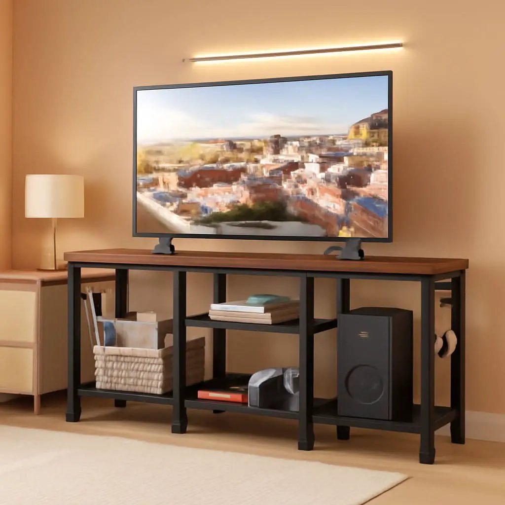 Rustic Brown TV Stand For 55 Inch With Open Storage Shelves from PriceLows™
