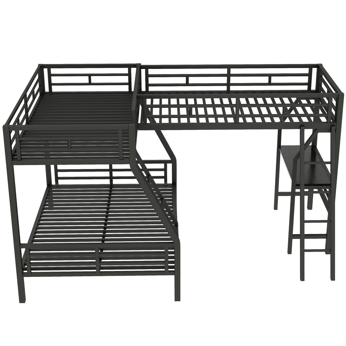 Twin Over Full Loft Bed | L Shaped Design | Built In Desk | Black Frame