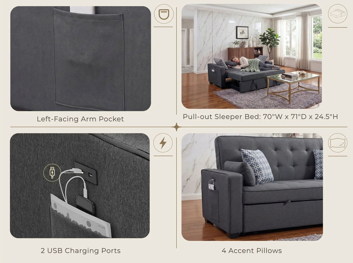 William Sleeper Sofa | 2 USB Charging Ports | 4 Accent Pillows | Gray