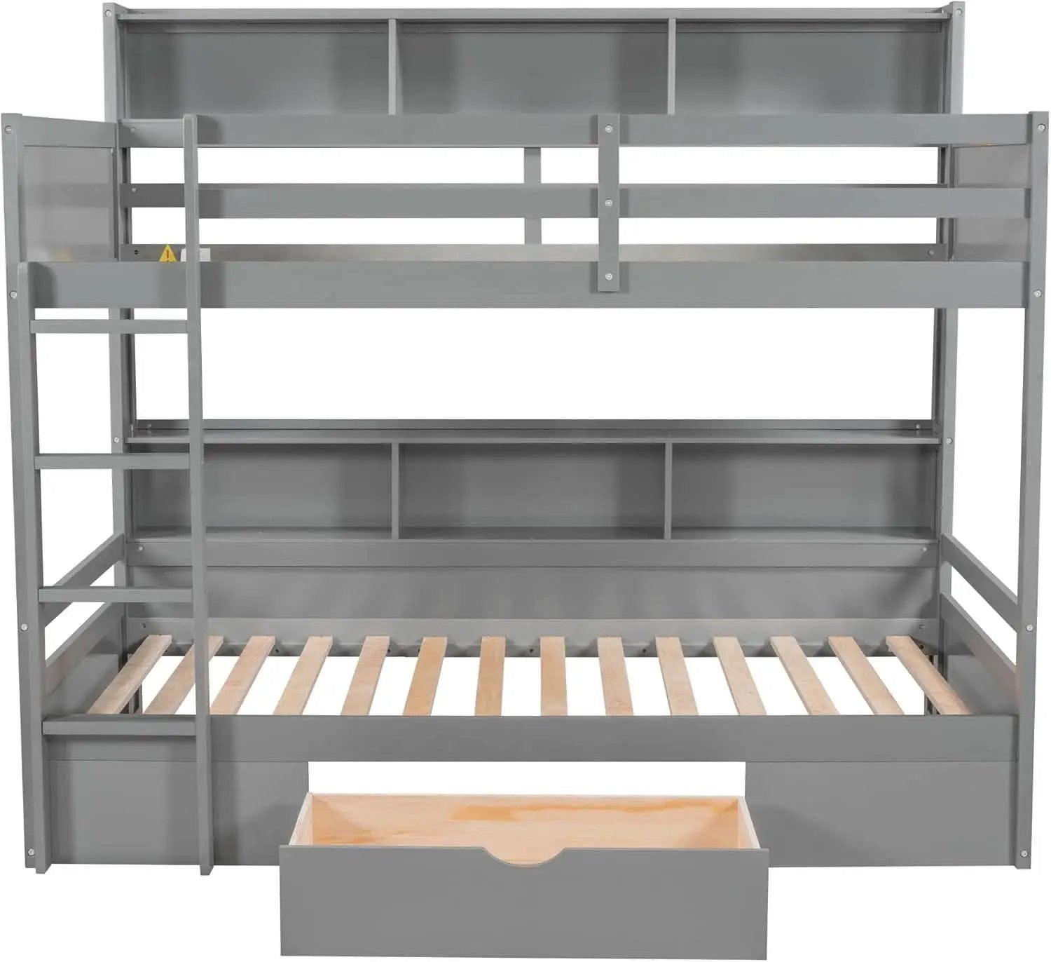 Grey Wood Twin Over Twin Bunk Bed With Storage Shelves And Drawer from PriceLows™