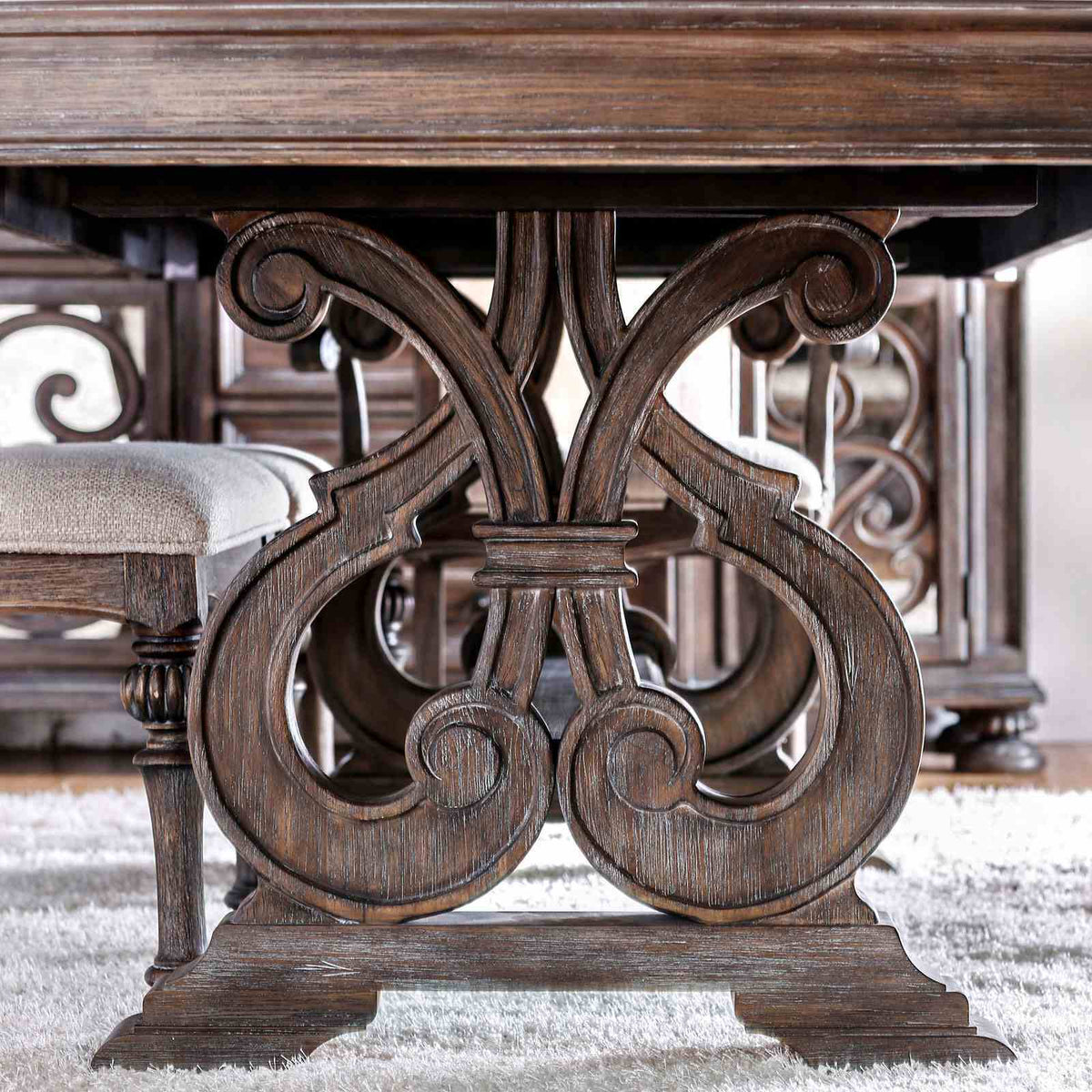 Rustic Dining Set | 96 Inch Table | Upholstered Chairs | Intricate Wood Inlay Details