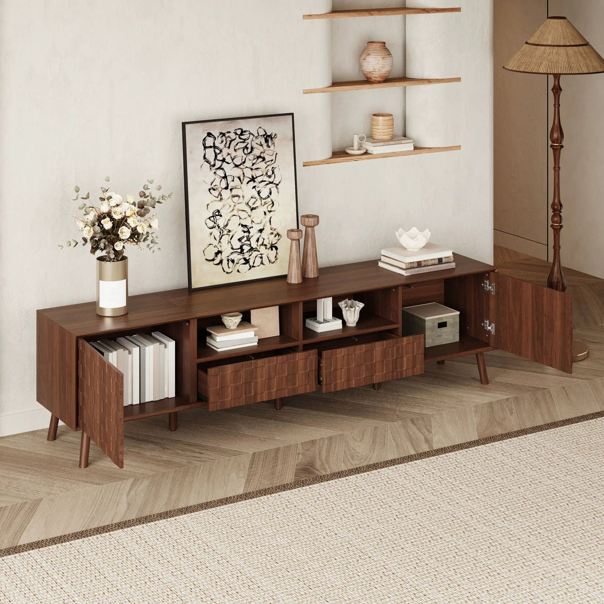 TV Stand | Solid Wood Frame | Cable Management | Walnut