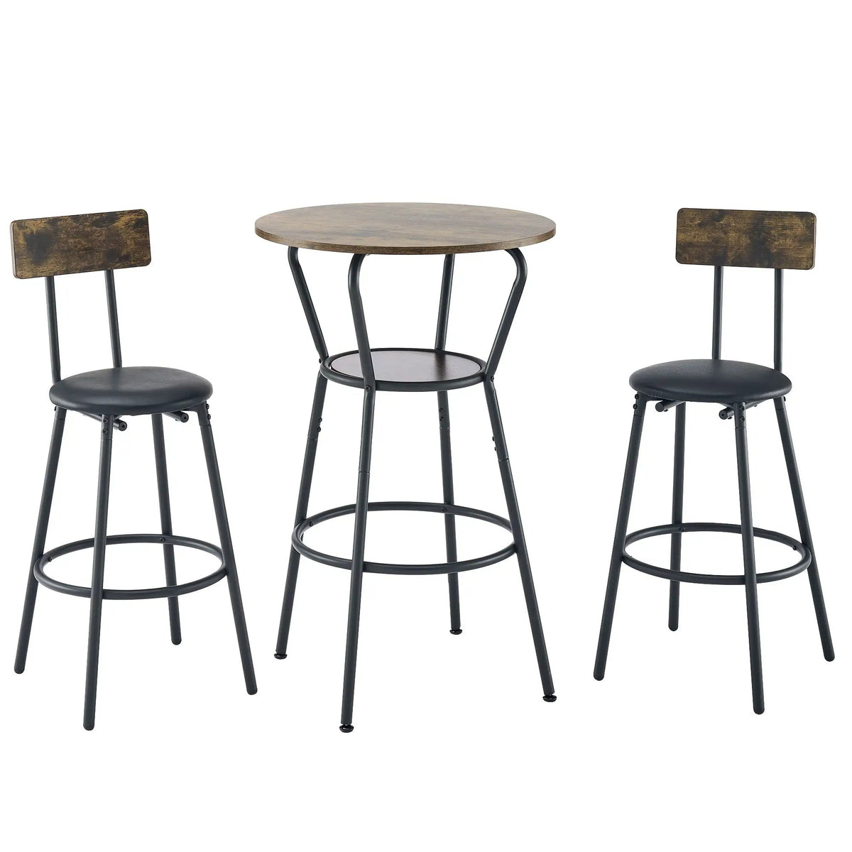 Round Bar Table And Stool Set | Rustic Antique Brown | Upholstered Backrest Stools | Shelf Storage