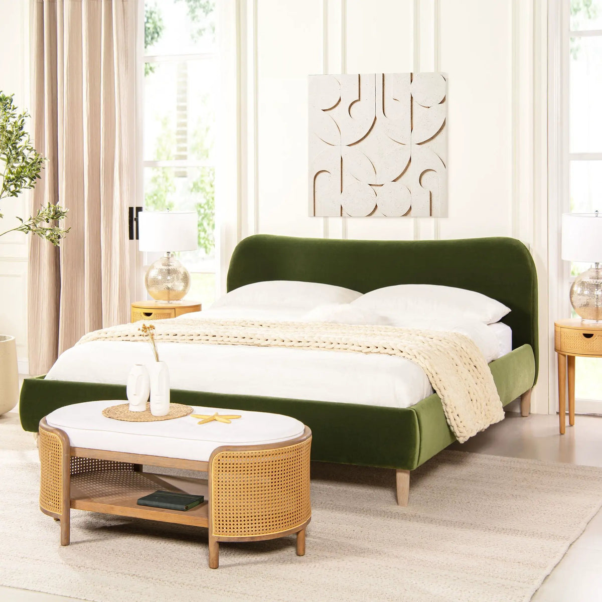 Roman Upholstered Platform Bed | Curved Headboard | Upholstered Rails | Eco-Friendly Construction