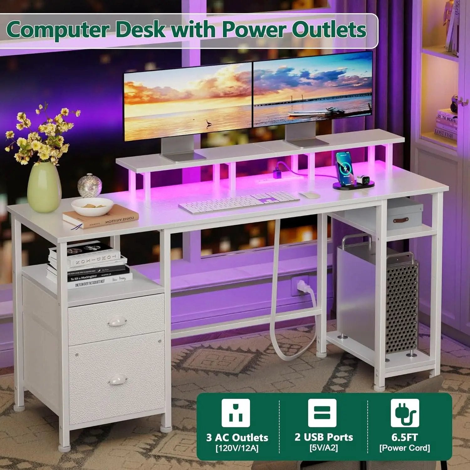 61 Inch Computer Desk With Integrated Power Outlet LED from PriceLows™