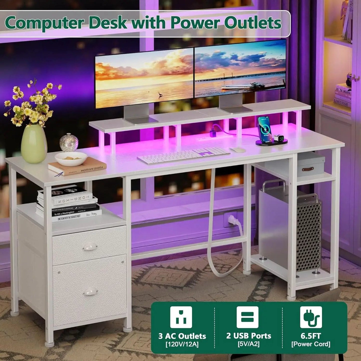 Sixty One Inch Computer Desk LED Illumination White Finish from PriceLows™