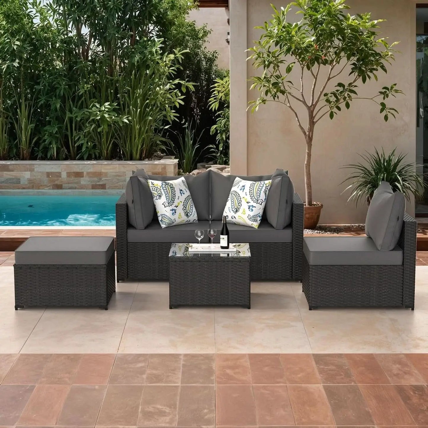 Grey 5 Piece Outdoor Patio Sectional Set With Ottoman from PriceLows™