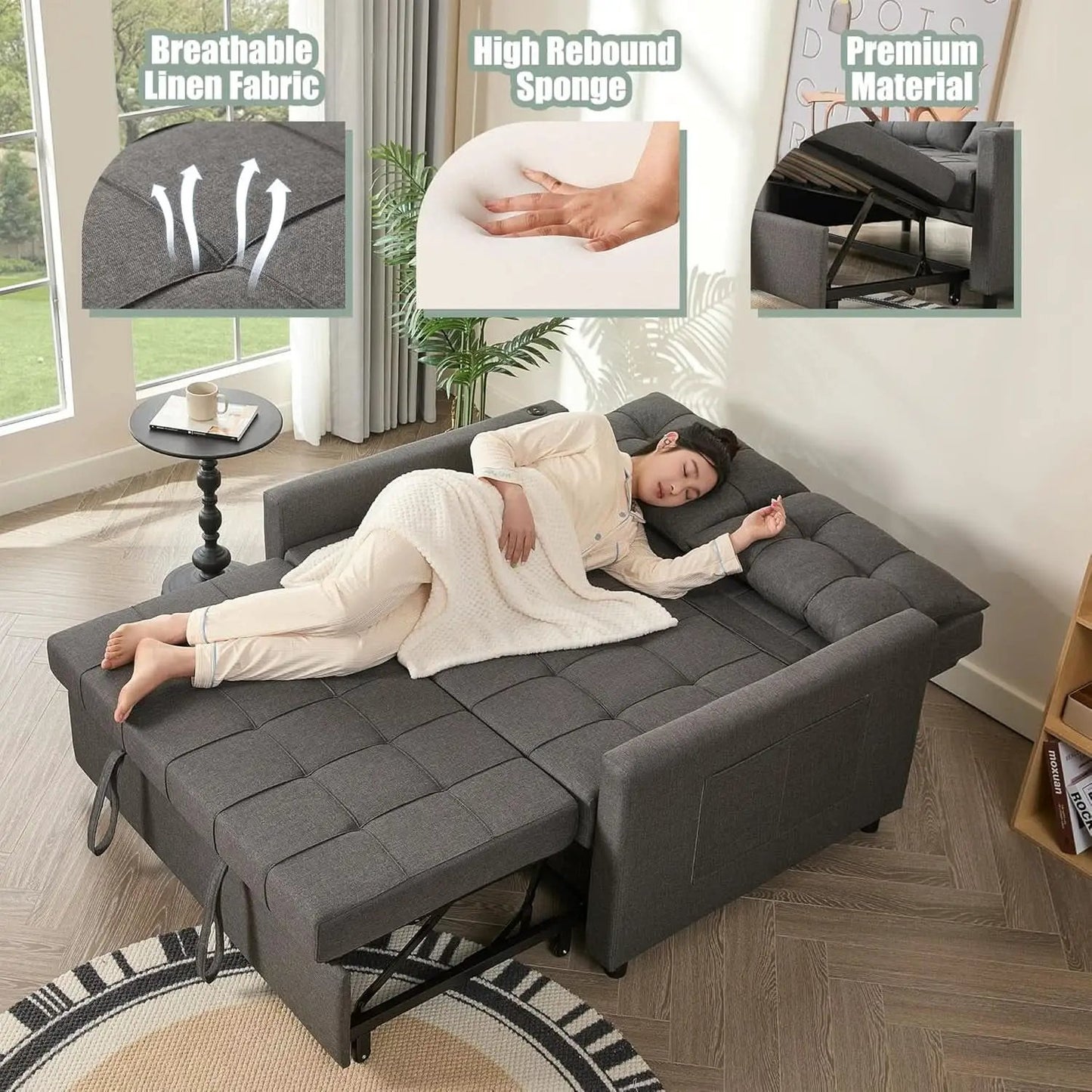 52Inch Sleeper Sofa With Pullout Bed Gray Fabric Upholstery from PriceLows™