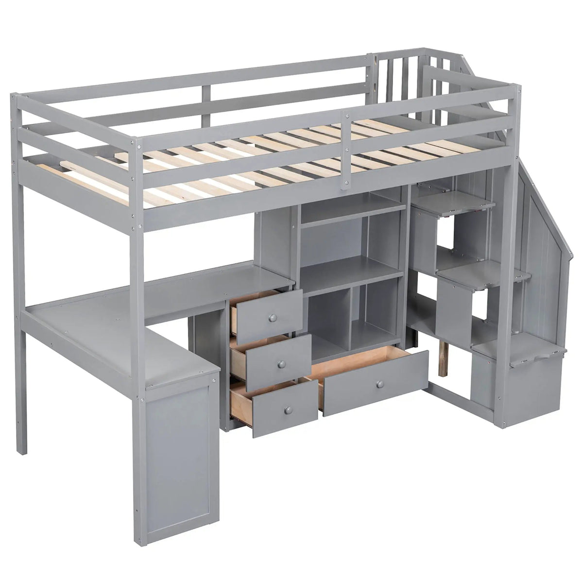 Loft Bed | L Shaped Desk | Storage Staircase | Built In Drawers