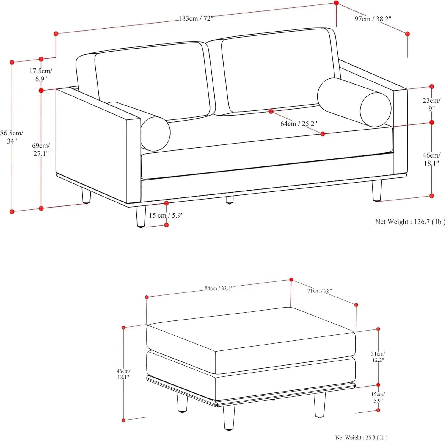 Morrison 72 Inch Mid Century Modern Sofa Set Mist Grey from PriceLows™