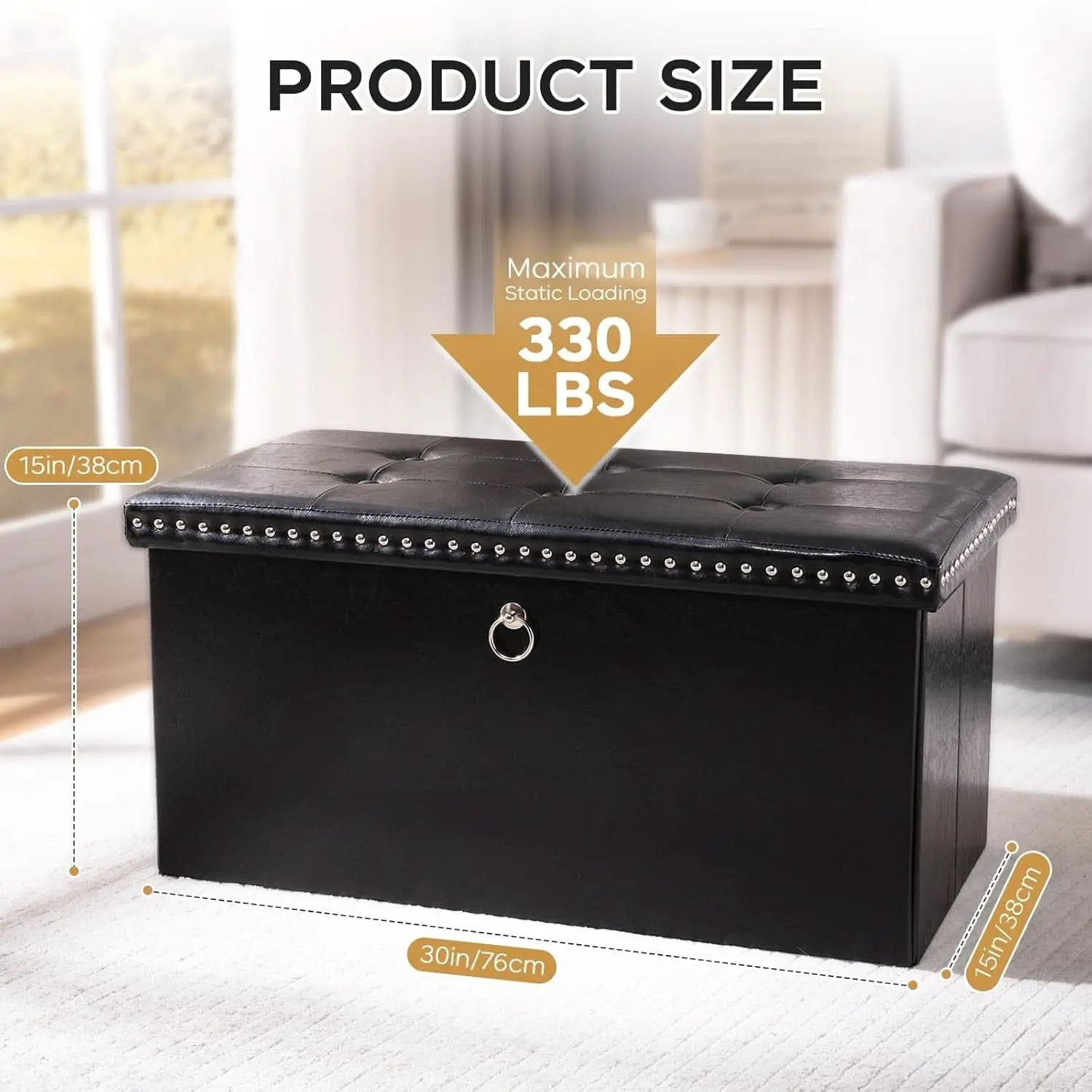 Faux Leather Folding Storage Ottoman 30 Inch Size Black from PriceLows™