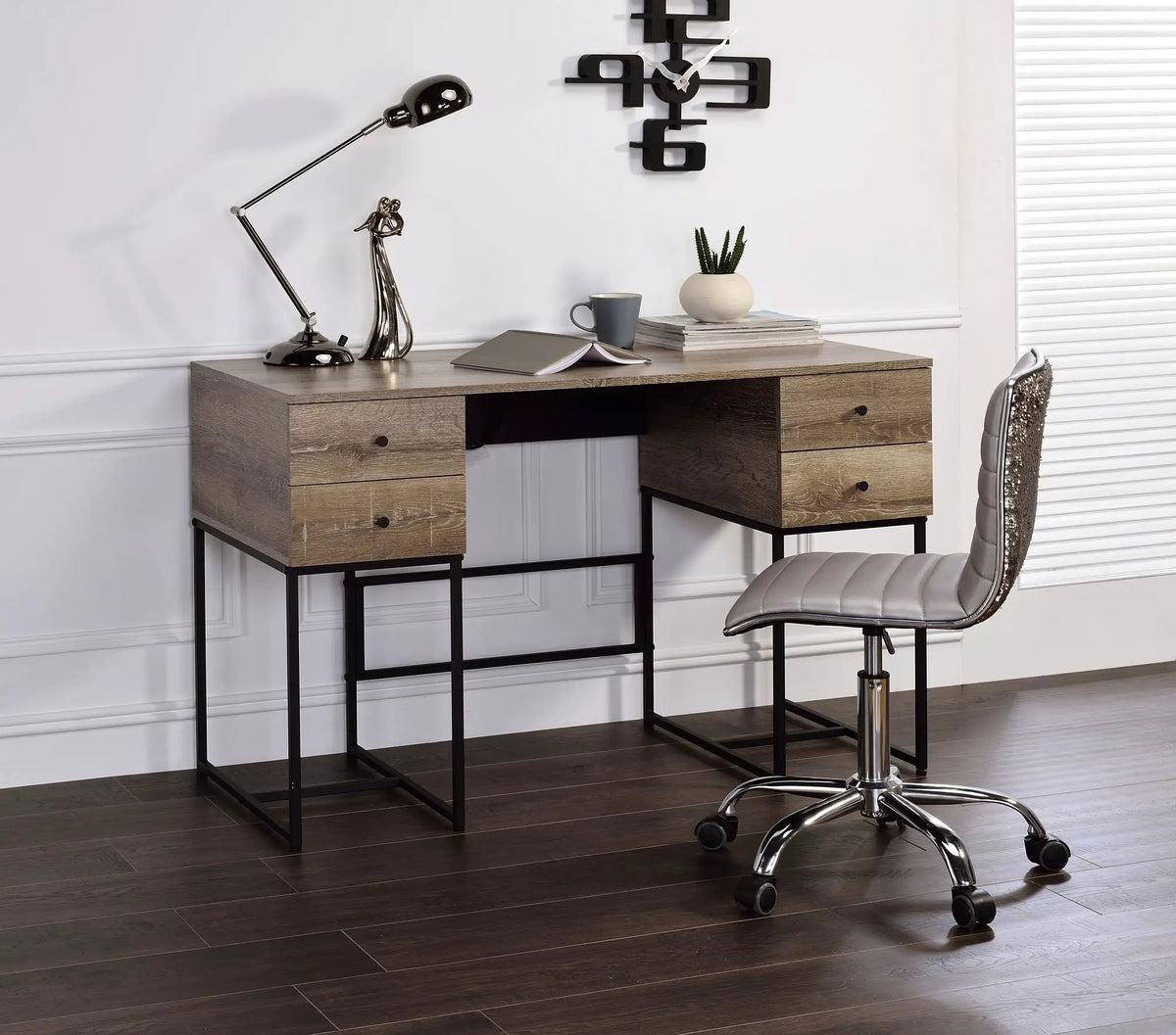 Desirre Writing Desk With USB Port | Oak Finish | Four Storage Drawers | Contemporary Metal Base