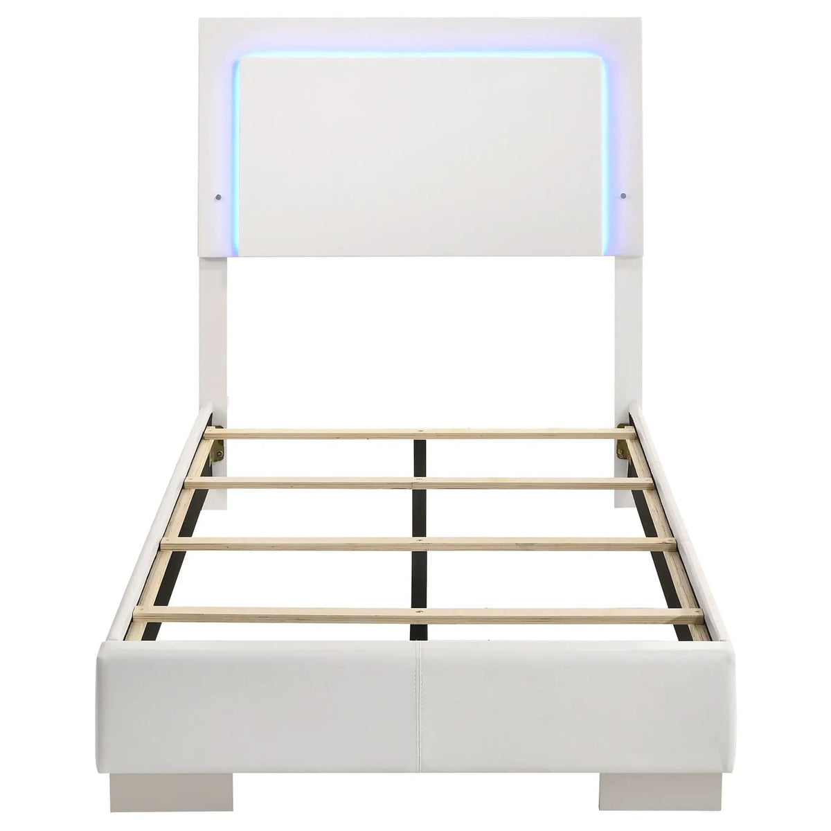 Felicity Wood Twin LED Panel Bed White High Gloss | 42.25 x 81 x 48.5 in | Faux Leather & Wood | Bedroom