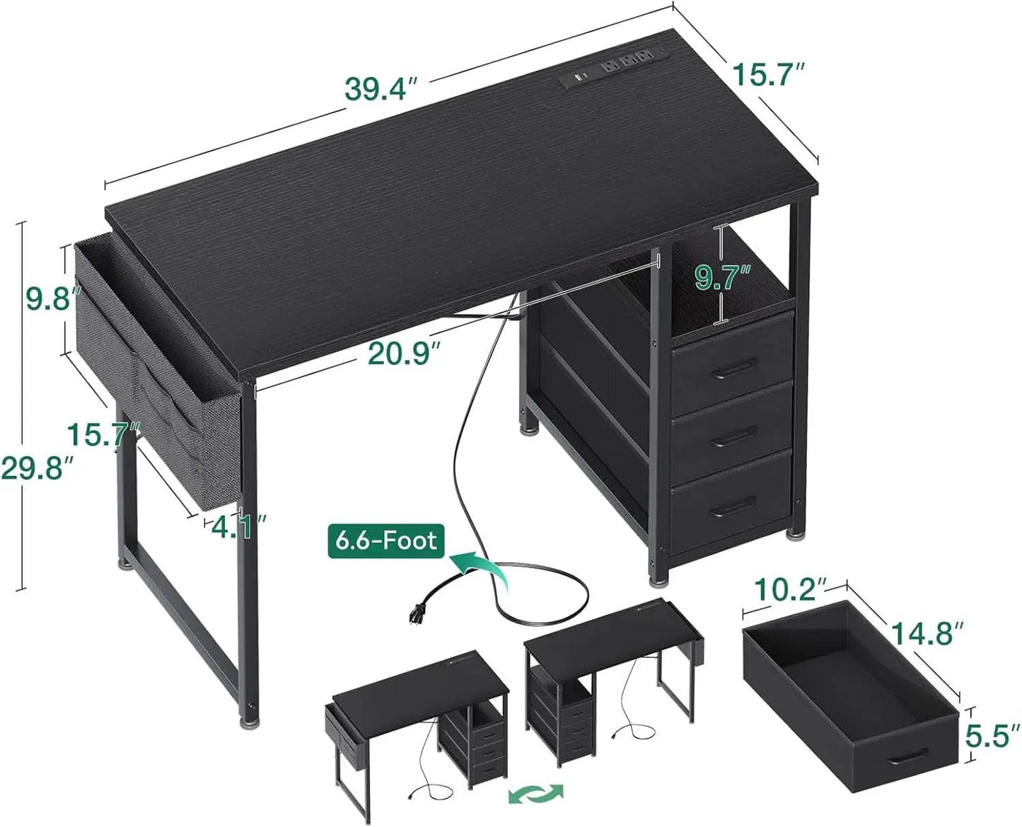 32-Inch Computer Desk With Fabric Drawers And Charging Station Black from PriceLows™