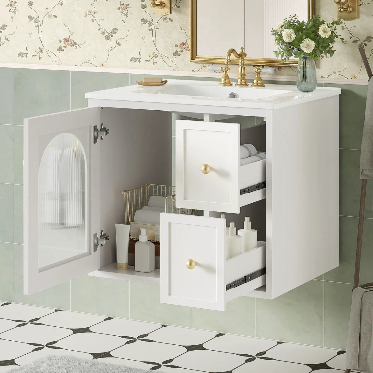 Wall-Mounted Bathroom Vanity Set | Sink Included | 2 Drawers | Soft-Close Glass Door Cabinet