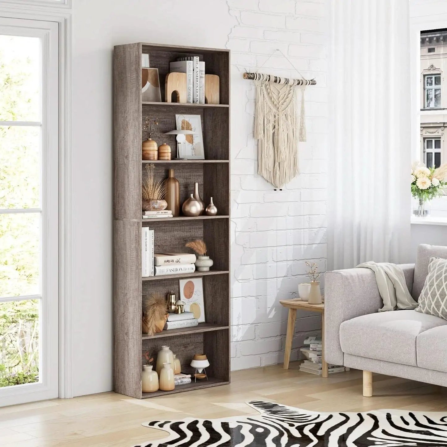 6 Tier Open Bookcase Gray Freestanding For Bedroom Space from PriceLows™