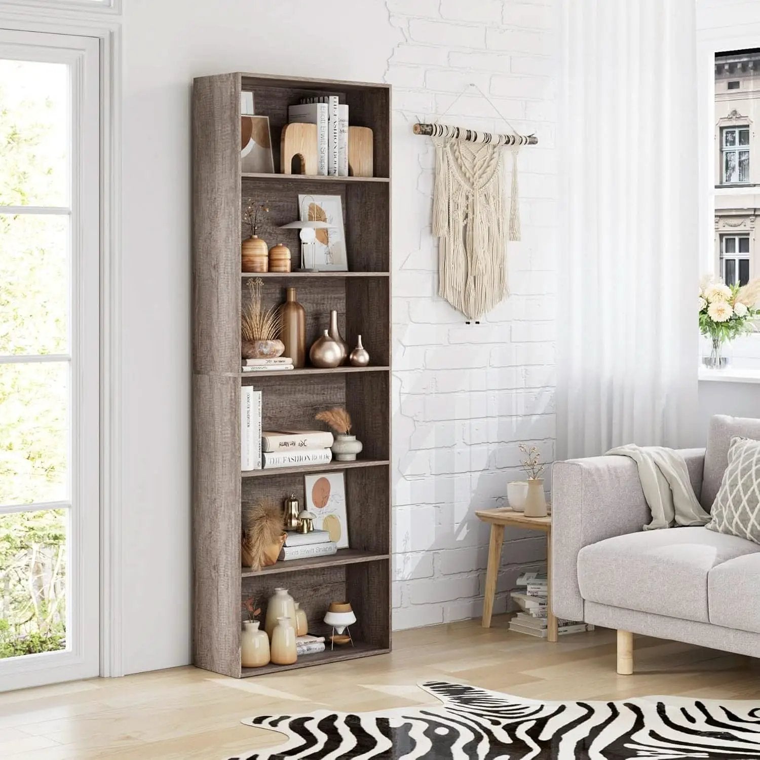 6 Tier Open Bookcase Gray Freestanding For Bedroom Space from PriceLows™