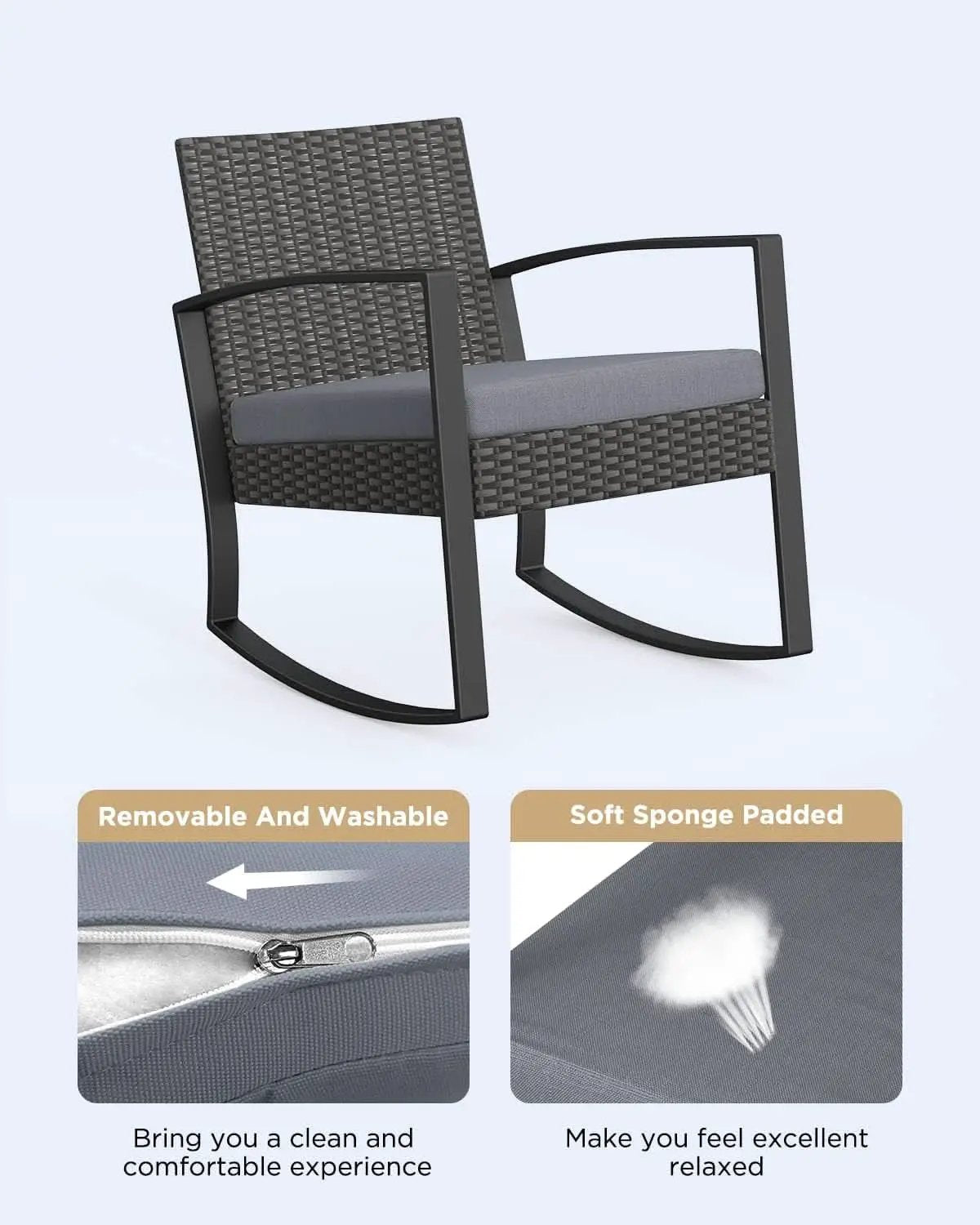 3 Piece Rattan Rocking Bistro Set With Coffee Table Outdoor Patio Furniture Grey Cushions from PriceLows™