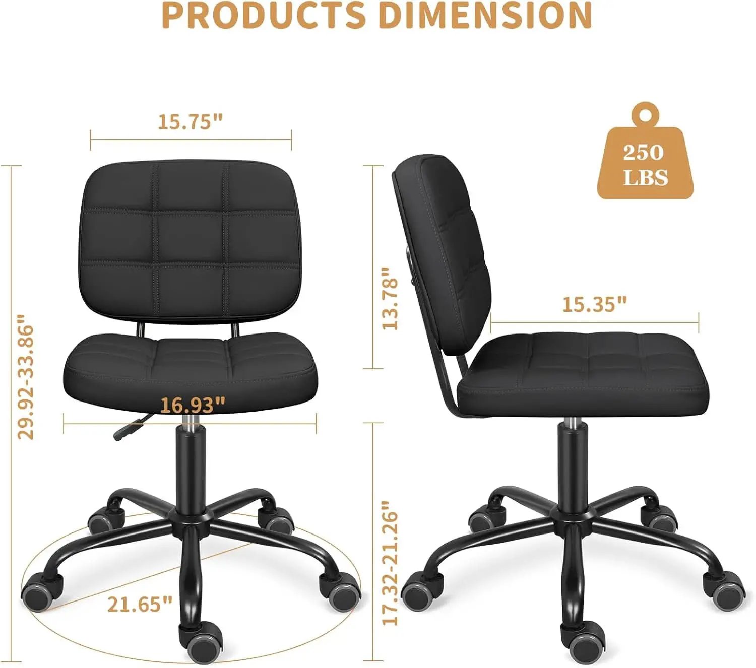 Armless Rolling Desk Chair Black Height Adjustable from PriceLows™