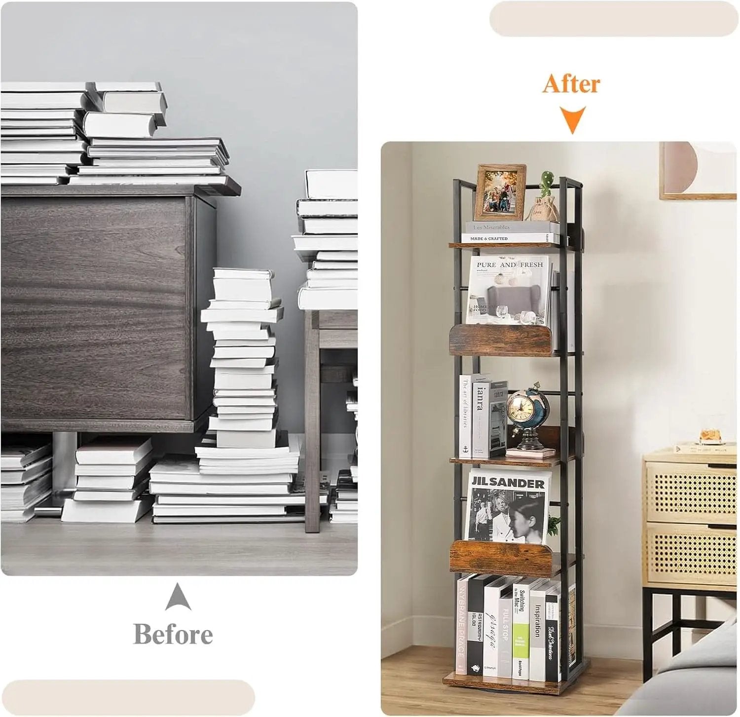 Black 5-Shelf 360 Degree Rotating Corner Bookshelf Tower from PriceLows™