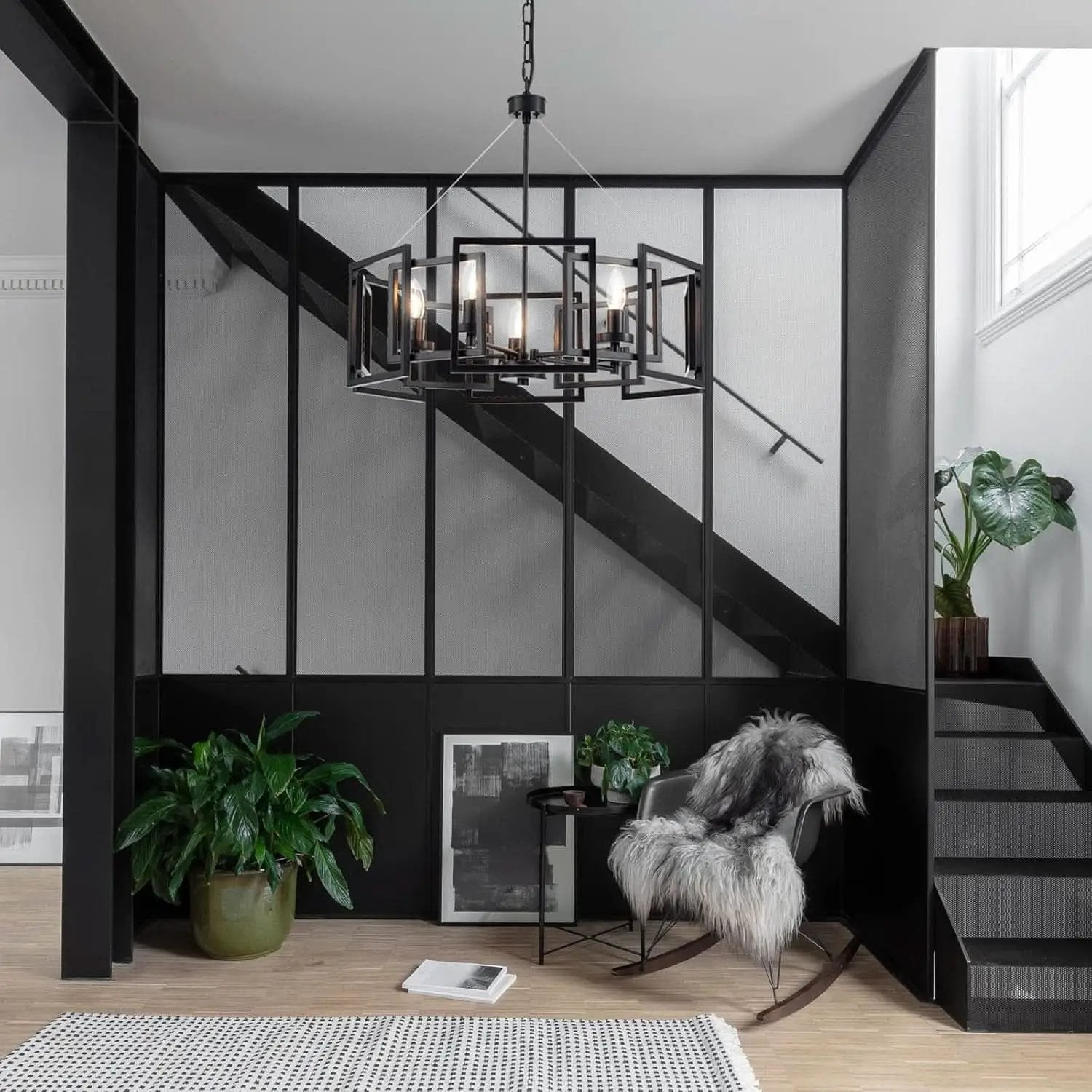 Industrial Style Five Light Matte Black Pendant Chandelier from PriceLows™