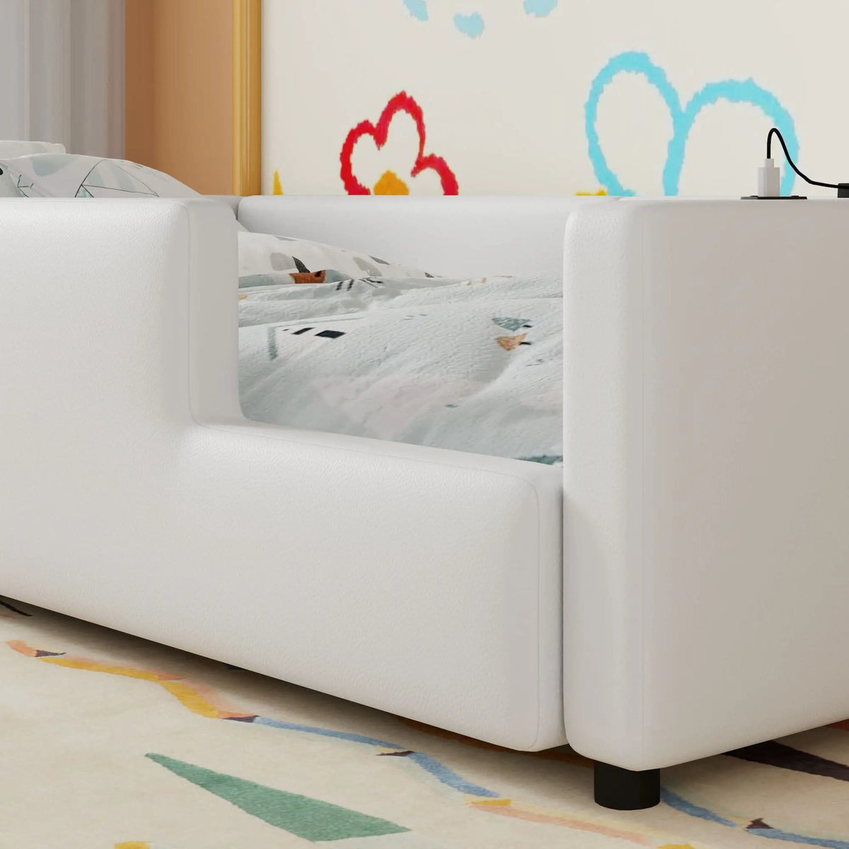 Platform Bed With Guardrail And Charging Station | 2 Pieces | Pine Wood | Bedroom