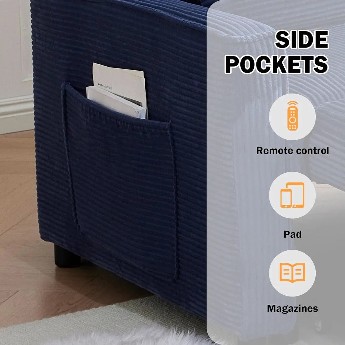 Navy Corduroy Convertible Sleeper Sofa Bed Pockets from PriceLows™
