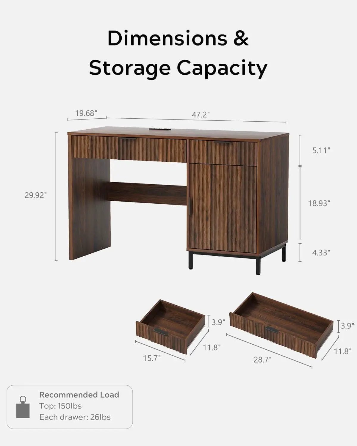 Brown 47 Inch Fluted Executive Desk Charging Station from PriceLows™