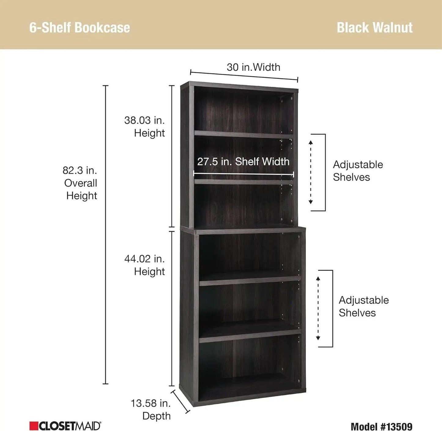 Tall Bookshelf Black Walnut Finish With Adjustable Shelves from PriceLows™
