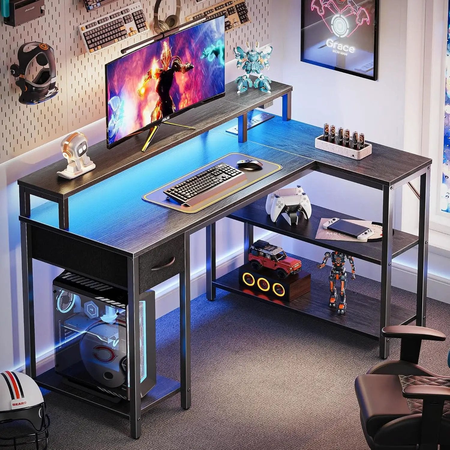 47 Inch L Shaped Desk With Led Lights And Power Outlets Grey from PriceLows™