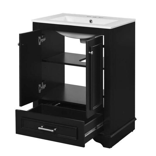 24 Inch Bathroom Vanity | Ceramic Sink Combo | Freestanding Storage Cabinet | Silver Handles