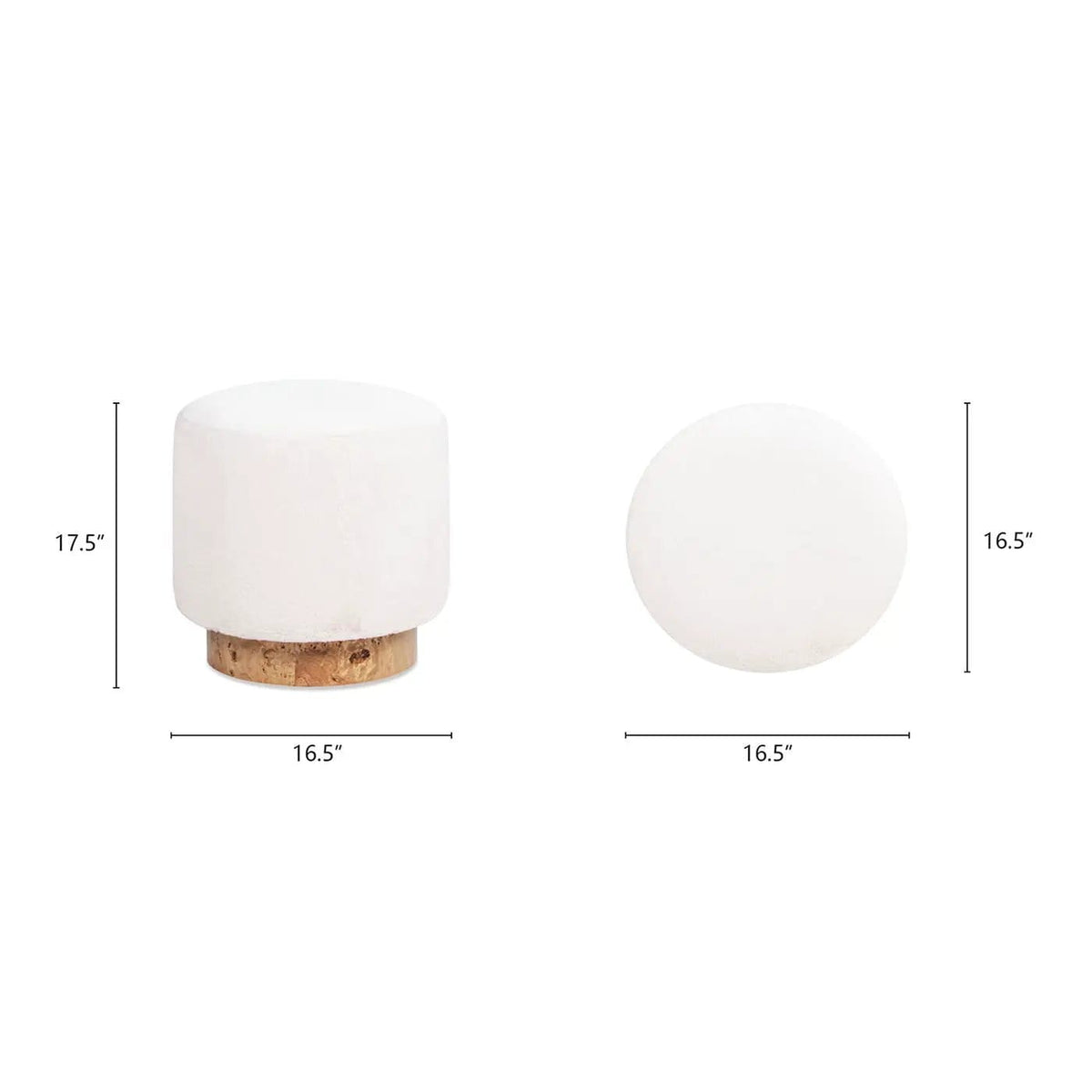 Tilly Round Fur Upholstered / Burl Pouf Ottoman | 16.5 x 16.5 x 17.5 in | Veneer & Wood | White