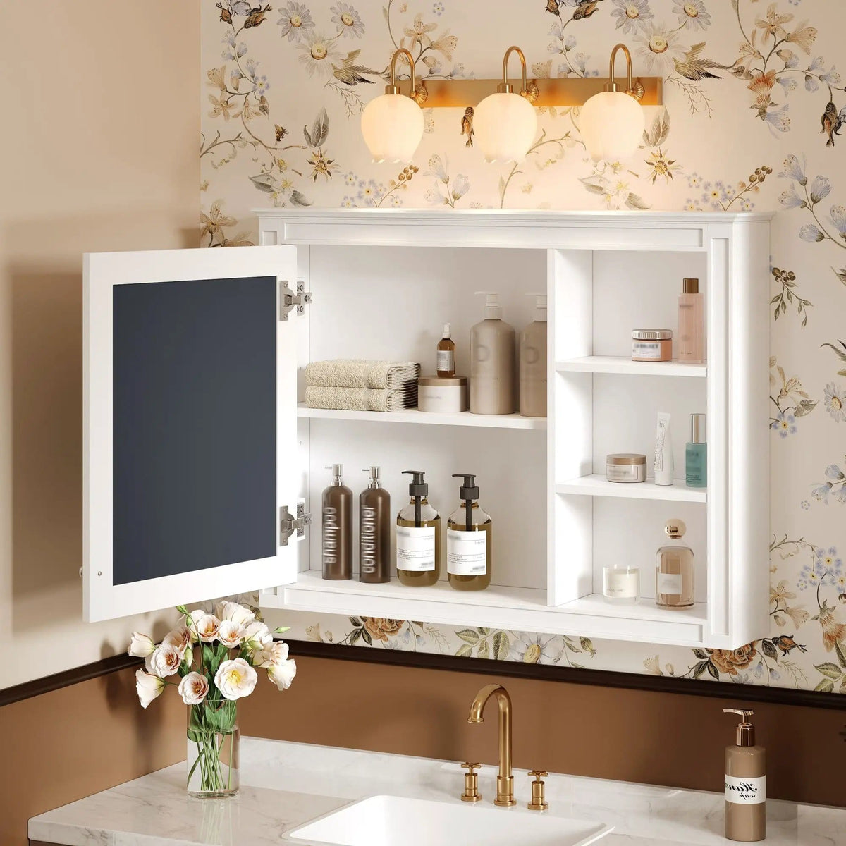 Wall Mounted Medicine Cabinet With Mirror, Adjustable Shelf - | 36 x 6.7 x 28 in | Solid Wood & Glass | White