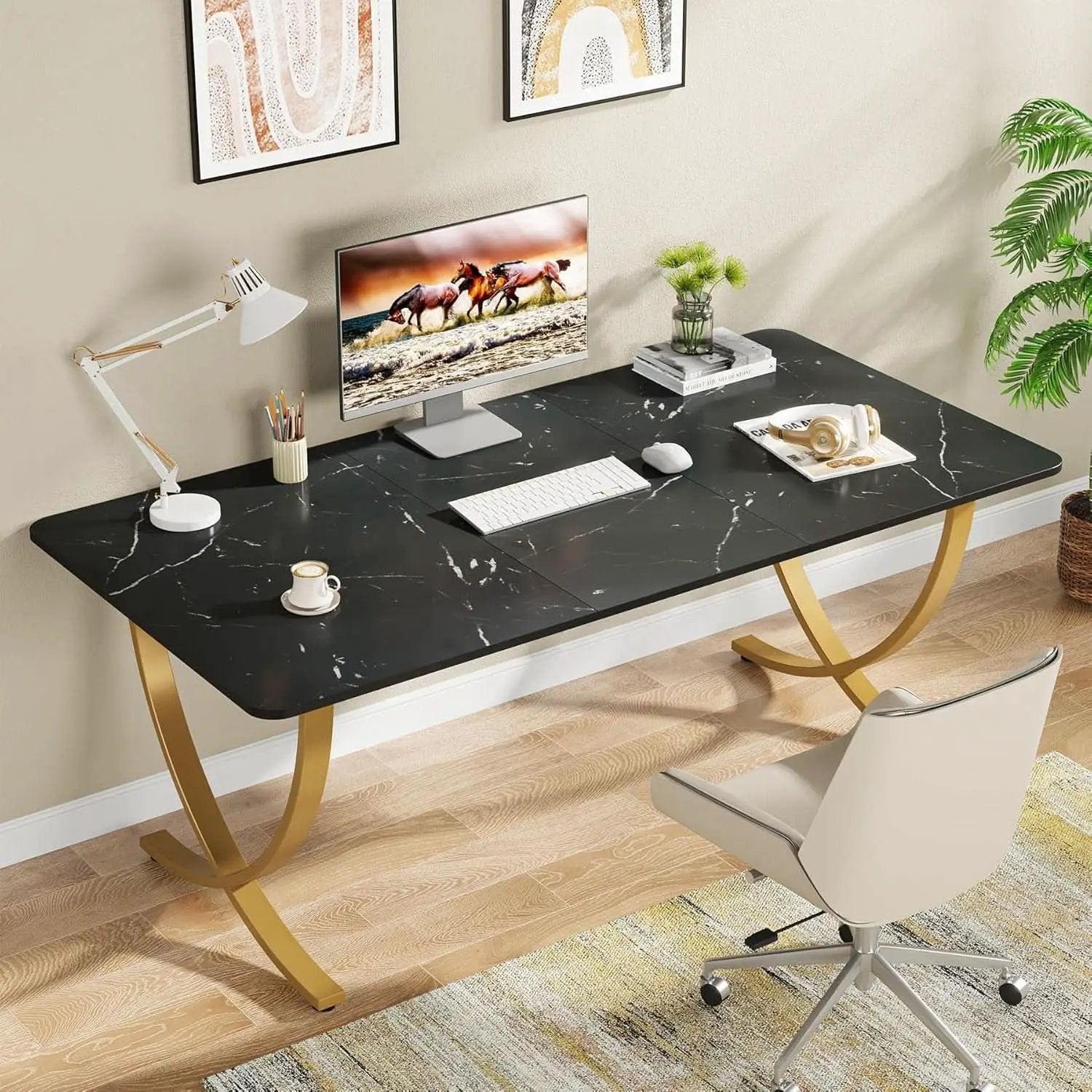 Executive Desk 63 Inch Wide Black And Gold Office Desk from PriceLows™