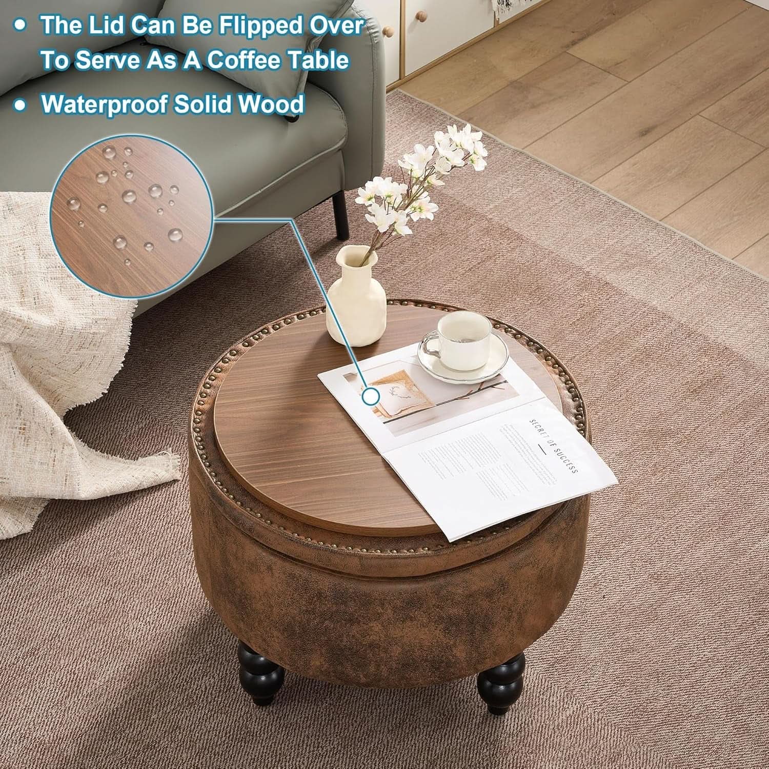 24 Inch Upholstered Storage Ottoman Featuring Tray from PriceLows™